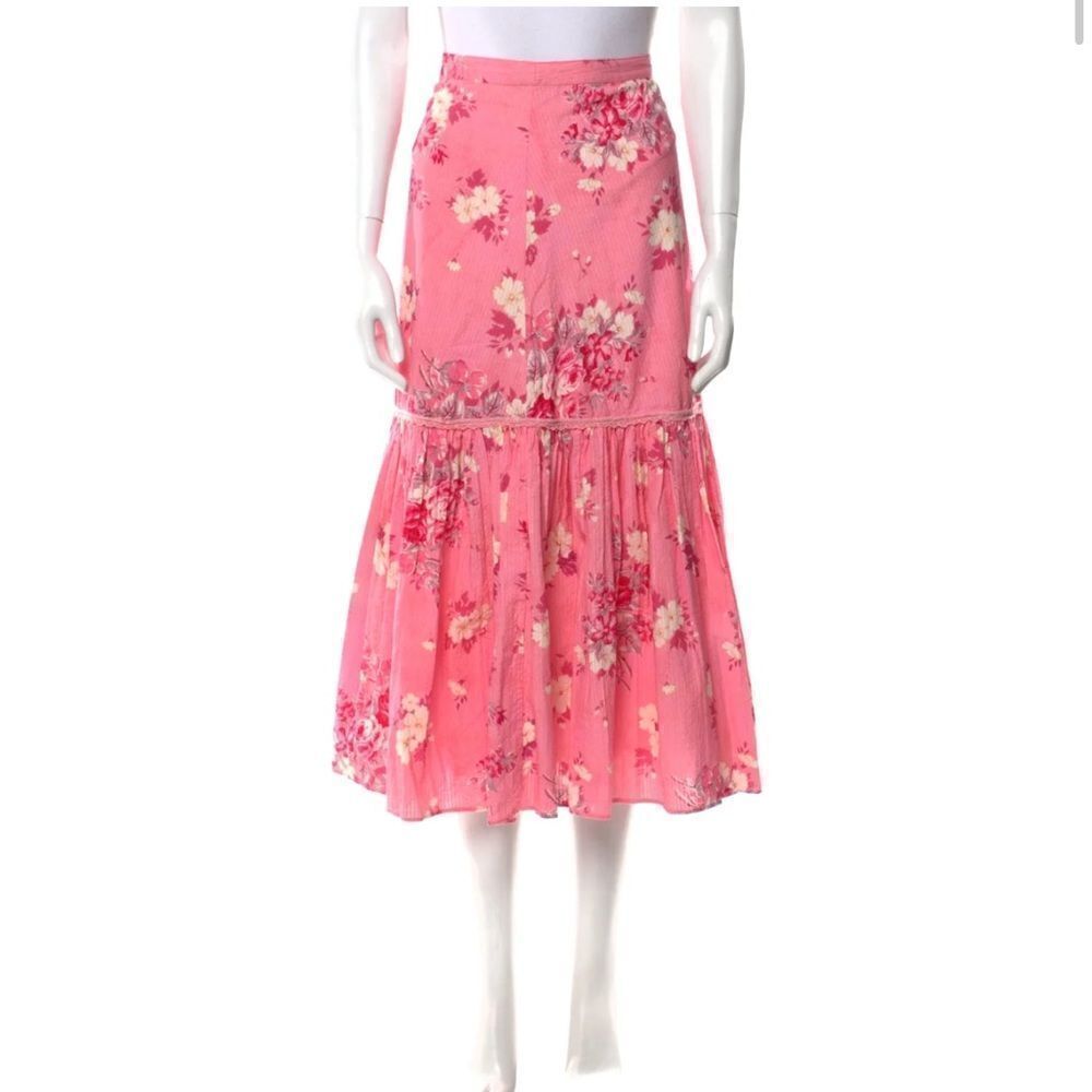 LoveShackFancy Pink Floral Tiered Midi Skirt with Cream Accents